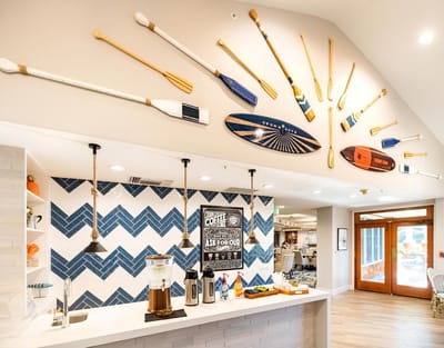 Interior view of a common area with decorative oars