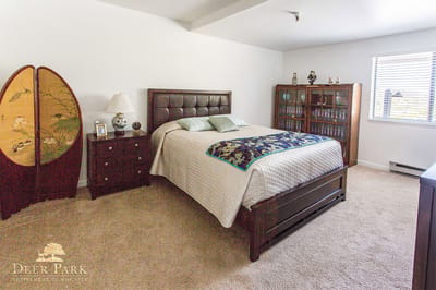 Spacious private room with a bed and furniture