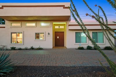 Exterior view of a residential-style facility entrance