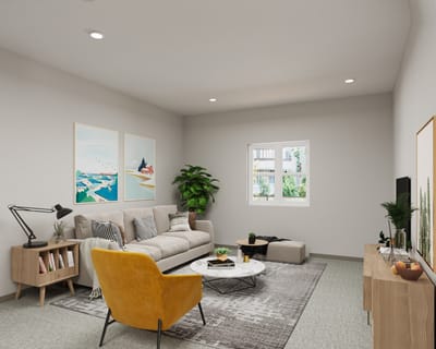 Bright common area with modern furniture and decor