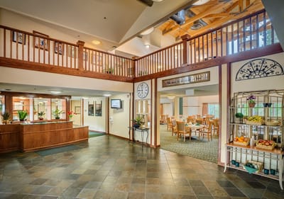 Interior view of a dining area with tables and décor