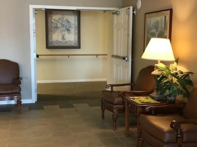 Seating area in a welcoming lobby with artwork