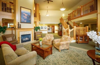 Interior common area with seating and fireplace