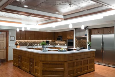 Modern kitchen with seating and food preparations