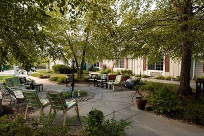 Outdoor space with seating areas and landscaping