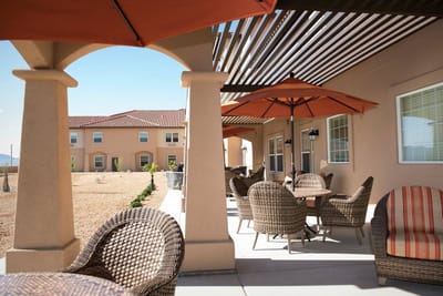 Outdoor seating area with umbrellas and seating