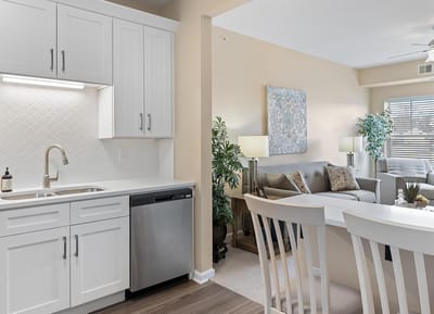 Bright interior view of a living space and kitchen