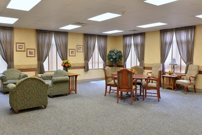 Bright common area with seating and decor