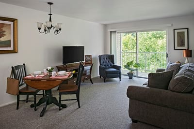 Interior view of a cozy apartment with living area and dining space