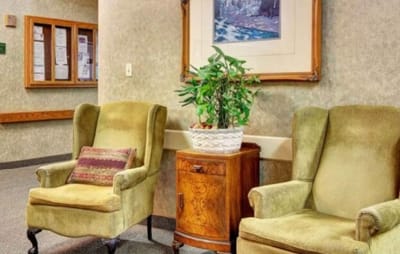 Interior view of a cozy common area with chairs and a plant