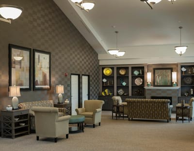 Bright common area with seating and decor