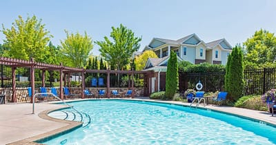 Pool area surrounded by trees and lounge chairs