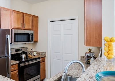Modern kitchen with granite countertops and stainless appliances