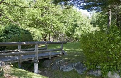Wooden bridge in a landscaped outdoor space