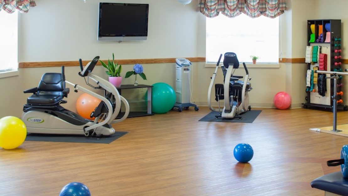 Exercise equipment in a bright activity room