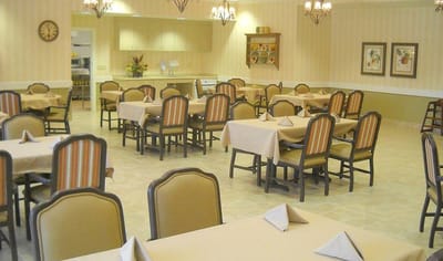 Dining room with tables and chairs set for meals