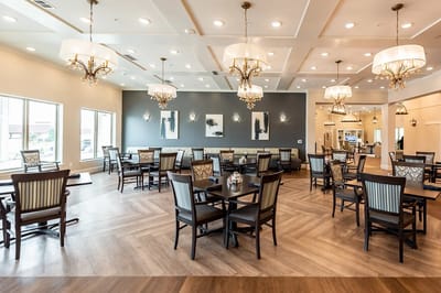 Bright dining area with stylish décor and seating