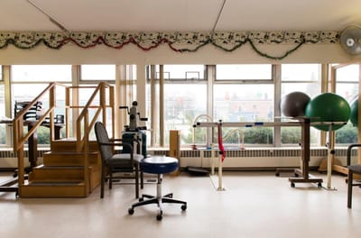 Rehabilitation space with exercise equipment and therapy tools