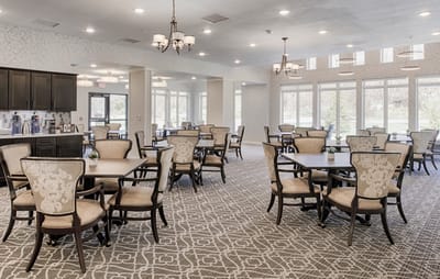 Bright dining room with elegant furniture and windows