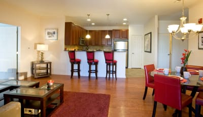 Spacious interior of a modern living area with dining space