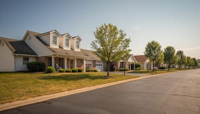 Row of residential buildings with green lawns