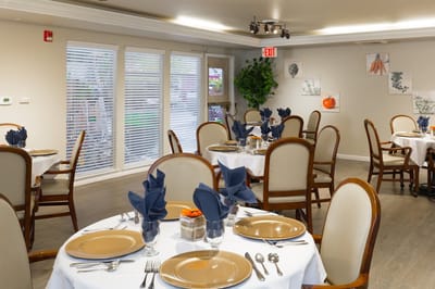 Dining room set for a meal with elegant table settings