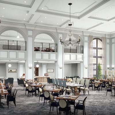 Elegant dining room with tables and chairs for residents