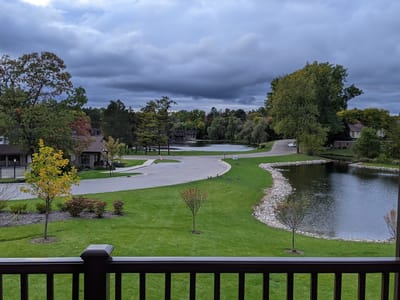 Scenic view of a pond and walking paths