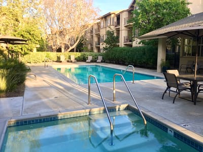 Swimming pool area with seating and greenery