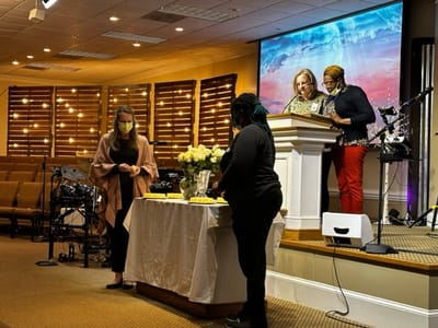 People interacting during a community event
