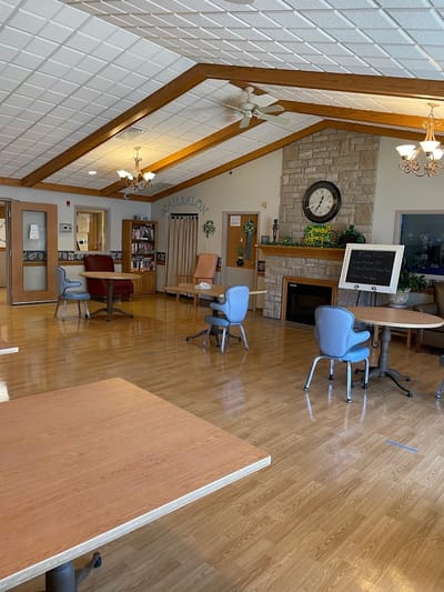 Bright interior common area with seating and decor