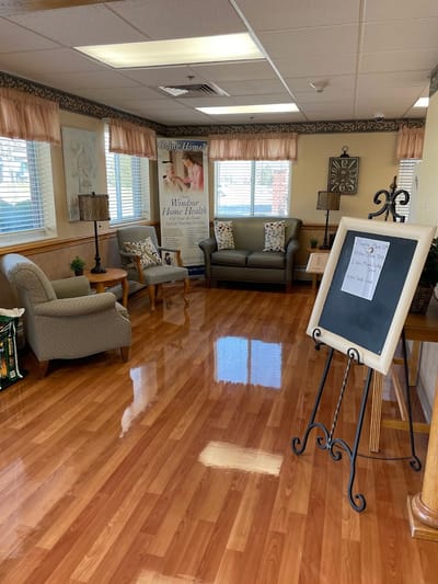 Bright common area with seating and decor