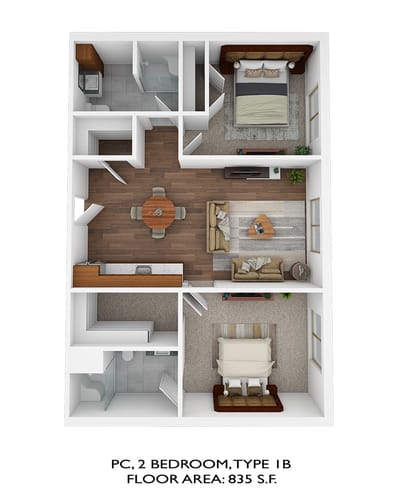 Architectural floor plan of a two-bedroom layout