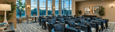 Interior seating area with large windows