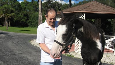 Resident interacting with a horse outdoors