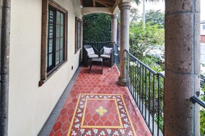 Cozy outdoor seating area with potted plants