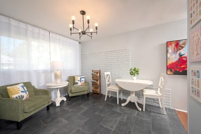 Bright common area with seating and decor