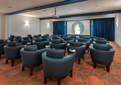 Interior view of a cozy cinema room with seating