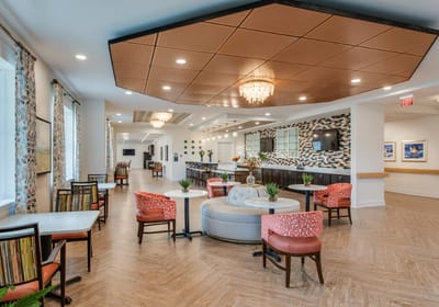 Interior view of a spacious common area with seating