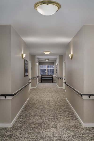 Interior hallway of a senior living facility