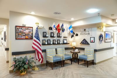 Interior view of a common area with honors display