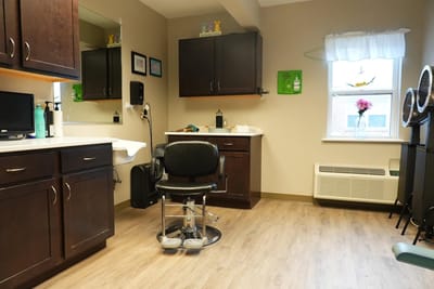 Interior view of the salon space with a chair and cabinetry