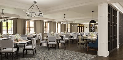 Elegant dining room setup with tables and chairs