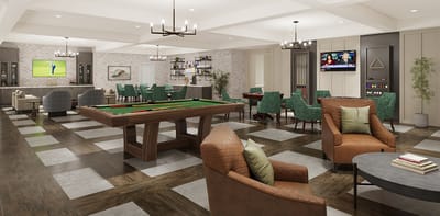 Common area with games and seating for residents