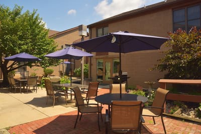 Outdoor seating area with umbrellas and tables