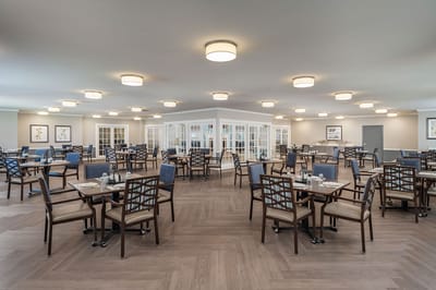 Bright dining room with neatly arranged tables