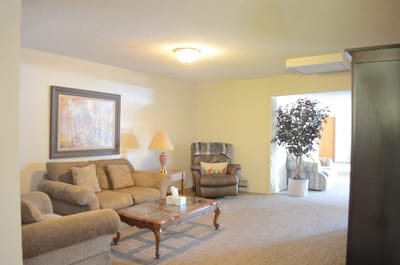 Bright and inviting common area with seating