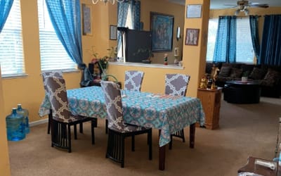 Bright common area with a dining table and lounge space
