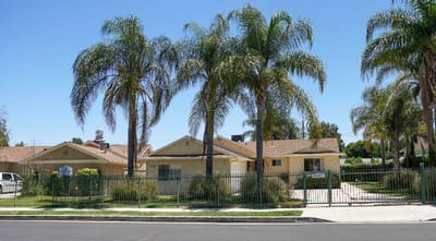 Exterior view of a senior living facility surrounded by palm trees