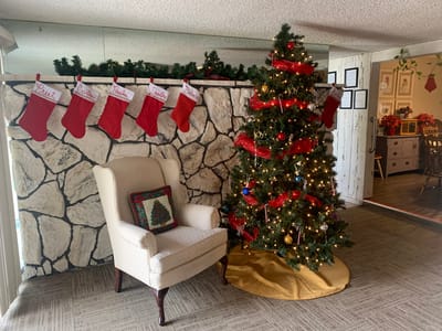 Christmas decorations in a cozy common area